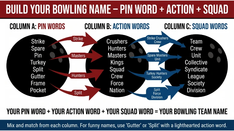 Infographic titled "Build Your Bowling Name – Pin Word + Action + Squad" with three columns: Pin Words (Strike, Spare, Turkey, Split), Action Words (Crushers, Masters, Hunters, Force), Squad Words (Crew, Unit, Society, Division). Combinations: Strike Crushers Crew, Spare Masters Unit, Turkey Hunters Society, Split Force Division. Blank template for user's own bowling team name.