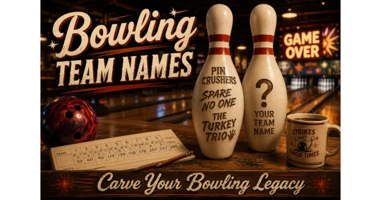 Bowling pin with etched bowling team names: Pin Crushers, Spare No One, The Turkey Trio. Blank pin "Your Team Name". Bowling ball, scorecard, coffee, lanes background. Hero image for bowling team names.