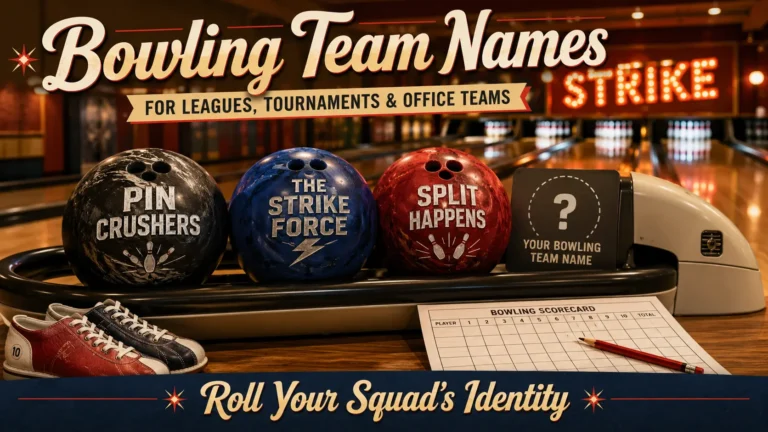 Bowling shoe rack with name tags: Gutter Done, Holy Rollers, Spare Me the Drama. Blank shoes "Your Bowling Team Name". Bowling ball, beer glass, lanes background. Hero image for bowling team names article.