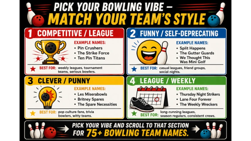 Infographic titled "Pick Your Bowling Vibe – Match Your Team's Style" with four quadrants: Competitive/League (Pin Crushers), Funny/Self-Deprecating (Split Happens), Clever/Punny (Les Miserabowls), League/Weekly (Thursday Night Strikers). Helps users find bowling team names by style.