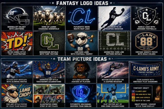 CeeDee Lamb Fantasy Names for 2026: Funny, Clever & Cowboys Picks 2 Collage of fantasy football logo and team picture ideas inspired by CeeDee Lamb, including neon football route graphics, cartoon lamb mascots, retro touchdown art, and modern football emblems.