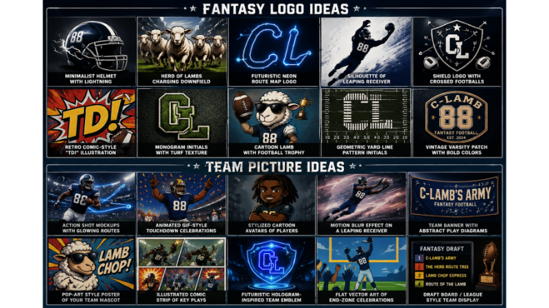 300+ CeeDee Lamb Fantasy Names: Funny, Creative & Nickname Ideas 3 Collage of fantasy football logo and team picture ideas inspired by CeeDee Lamb, including neon football route graphics, cartoon lamb mascots, retro touchdown art, and modern football emblems.