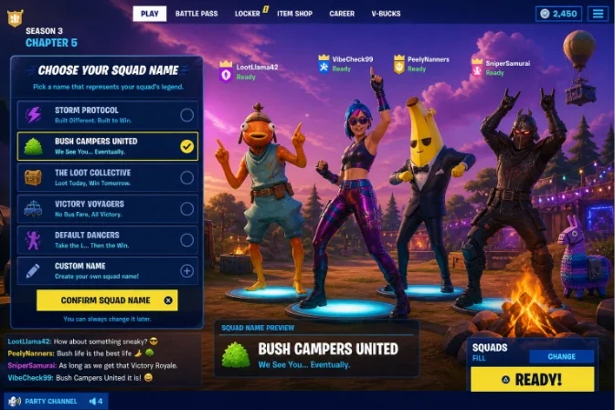 Fortnite Names for Squads, Clans and Crews That Play Every Season 3 Fortnite players in lobby selecting a squad name from options like Storm Protocol and Bush Campers United