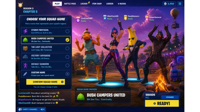 Fortnite players in lobby selecting a squad name from options like Storm Protocol and Bush Campers United
