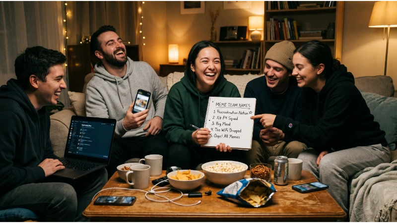 Friends laughing while choosing a meme team name from a list including Procrastination Nation and Alt F4 Squad