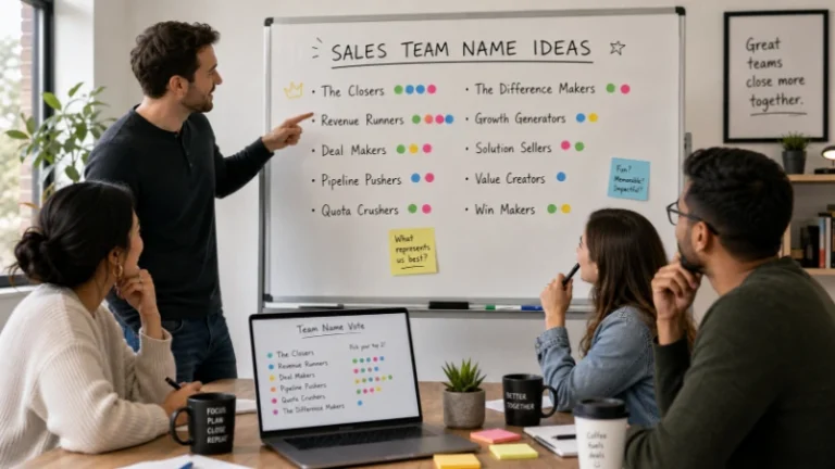 Sales team brainstorming session choosing a team name from a list written on a whiteboard