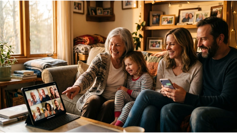 Close family members sharing a heartfelt moment while connected through a family group chat on their phones