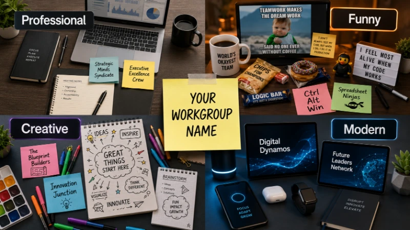 Creative Workgroup Names: Funny, Unique & Professional Ideas 1 Creative workgroup name ideas shown in a modern office workspace with professional, funny, creative, and trendy team name categories.