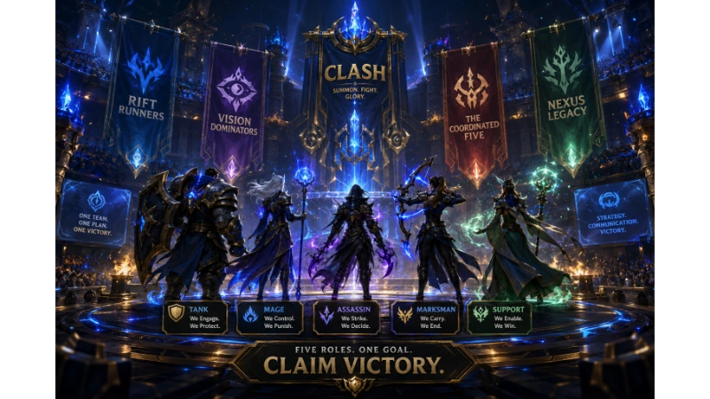 Competitive five-player fantasy esports team standing together before a Clash-style League of Legends tournament match.