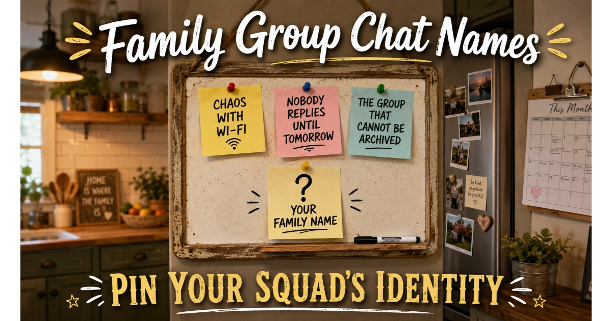 Kitchen message board with sticky notes showing family group chat names: Chaos With Wi-Fi, Nobody Replies Until Tomorrow, The Group That Cannot Be Archived. Blank note "Your Family Name". Family photos, calendar background. Hero image for family group chat names.