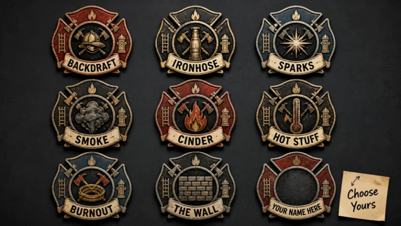 A grid of metal badges displaying various firefighter nicknames to help crews pick a personal call sign.