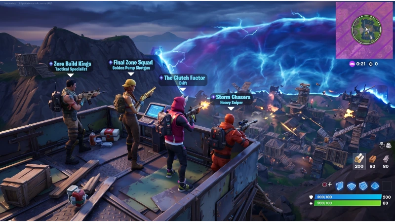 Fortnite squad in final storm circle with team names like Zero Build Kings and Final Zone Squad displayed above players