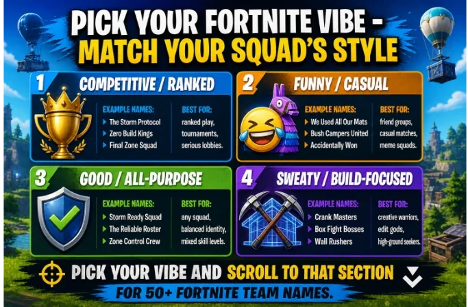 Fortnite Names for Squads, Clans and Crews That Play Every Season 1 Infographic titled "Pick Your Fortnite Vibe – Match Your Squad's Style" with four quadrants: Competitive/Ranked (The Storm Protocol), Funny/Casual (We Used All Our Mats), Good/All-Purpose (Storm Ready Squad), Sweaty/Build-Focused (Crank Masters). Helps users find Fortnite team names by playstyle.