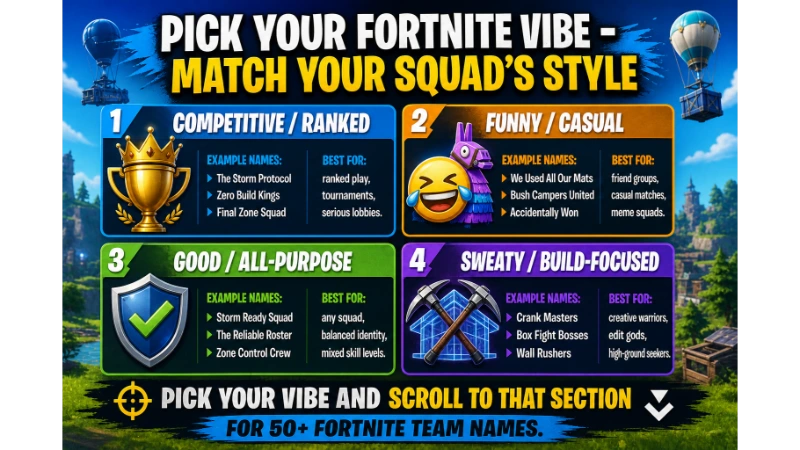 Infographic titled "Pick Your Fortnite Vibe – Match Your Squad's Style" with four quadrants: Competitive/Ranked (The Storm Protocol), Funny/Casual (We Used All Our Mats), Good/All-Purpose (Storm Ready Squad), Sweaty/Build-Focused (Crank Masters). Helps users find Fortnite team names by playstyle.