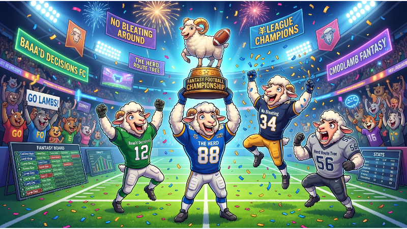 300+ CeeDee Lamb Fantasy Names: Funny, Creative & Nickname Ideas 1 Funny fantasy football team celebration scene with sheep mascots, football trophies, and humorous CeeDee Lamb-inspired fantasy team names.