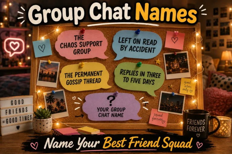 Corkboard with speech bubbles showing group chat names for best friends: The Chaos Support Group, Left on Read by Accident, The Permanent Gossip Thread, Replies in Three to Five Days. Blank bubble "Your Group Chat Name". Photos, string lights, cozy room background. Hero image for group chat names for best friends article.