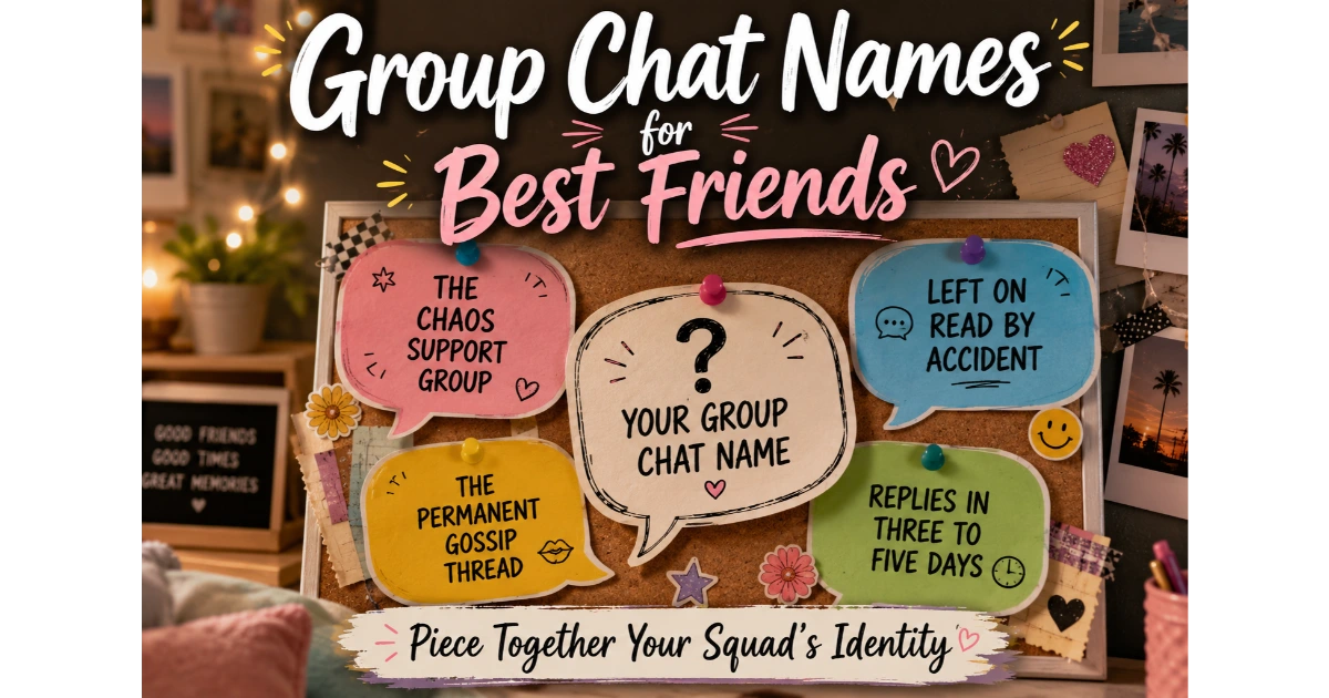 Collage of speech bubbles with group chat names for best friends: The Chaos Support Group, Left on Read by Accident, The Permanent Gossip Thread, Replies in Three to Five Days. Blank bubble "Your Group Chat Name". Corkboard, photos, string lights background. Hero image for group chat names for best friends.