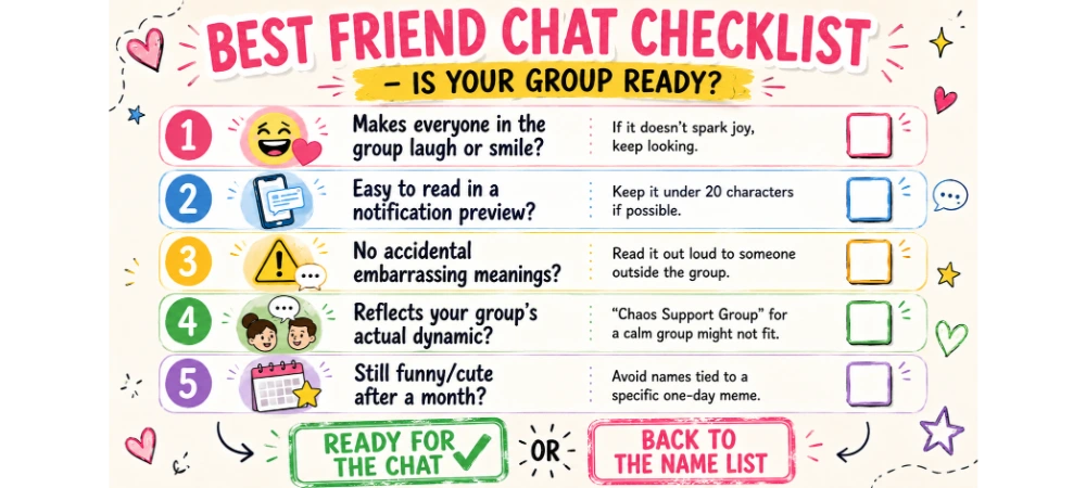 350+ Group Chat Names for Best Friends: Funny, Cute, Clever & Iconic Ideas 2 Infographic titled "Best Friend Chat Checklist – Is Your Group Ready?" with five checklist items: makes everyone laugh/smile, easy to read in notification preview, no embarrassing meanings, reflects group's dynamic, still funny/cute after a month. Final stamp: Ready for the Chat or Back to the Name List. For choosing group chat names for best friends.
