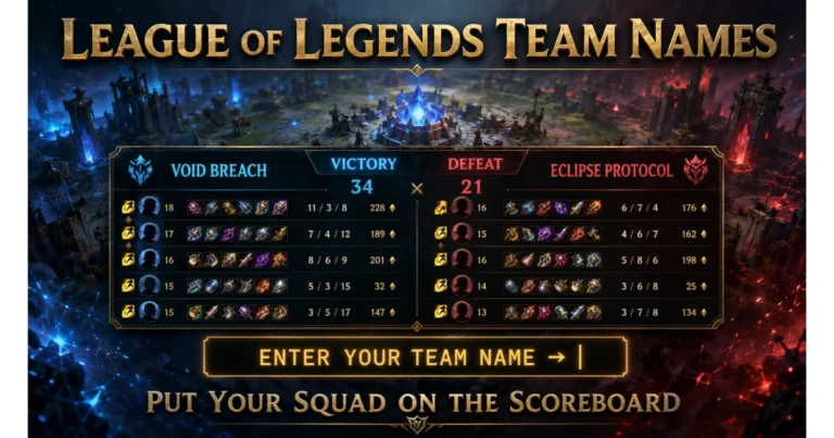 Summoner's Rift scoreboard showing blue team name Void Breach and red team name Eclipse Protocol. Blank entry "Enter Your Team Name →". Destroyed turrets, Nexus background. Hero image for League of Legends team names.