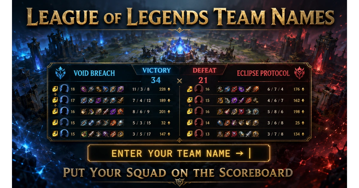 Summoner's Rift scoreboard showing blue team name Void Breach and red team name Eclipse Protocol. Blank entry "Enter Your Team Name →". Destroyed turrets, Nexus background. Hero image for League of Legends team names.