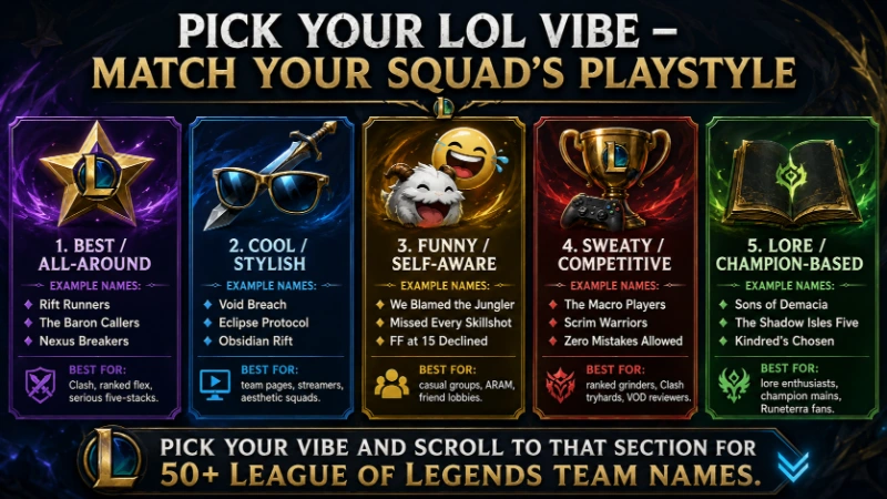 Infographic titled "Pick Your LoL Vibe – Match Your Squad's Playstyle" with five cards: Best/All-Around (Rift Runners), Cool/Stylish (Void Breach), Funny/Self-Aware (We Blamed the Jungler), Sweaty/Competitive (The Macro Players), Lore/Champion-Based (Sons of Demacia). Helps users find League of Legends team names by style.