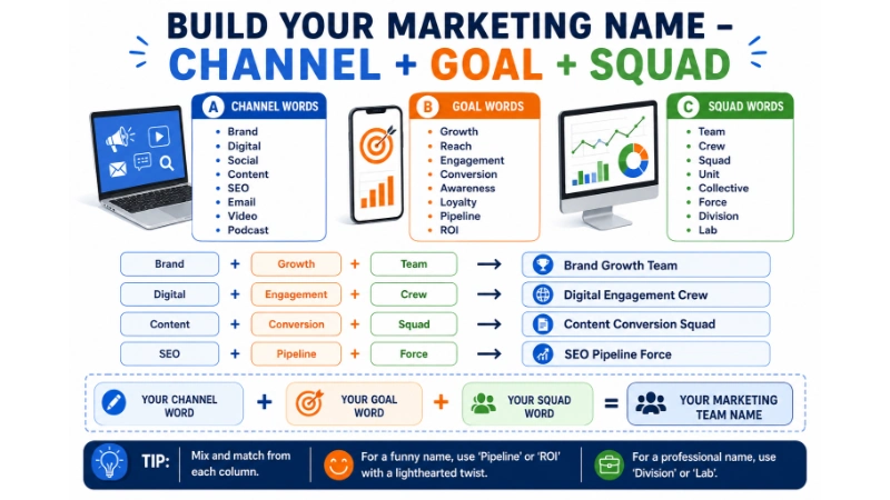 Infographic titled "Pick Your Marketing Vibe – Match Your Team's Culture" with four quadrants: Best/All-Around (The Brand Builders), Funny/Self-Aware (We Make the Slides), Cool/Stylish (Signal Theory), Professional/Corporate (Brand Strategy Division). Helps users find marketing team names by style.