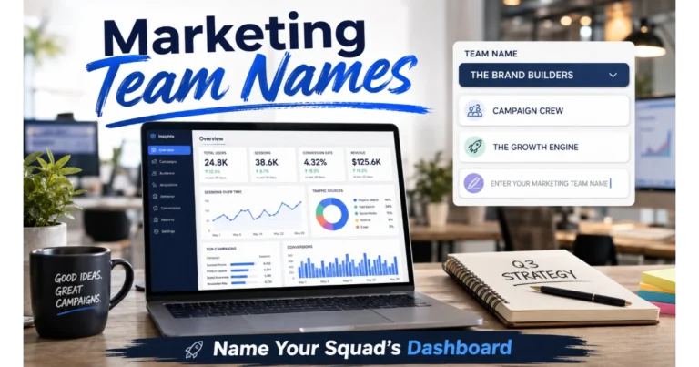Laptop dashboard with widget showing marketing team names: The Brand Builders, Campaign Crew, The Growth Engine. Blank field "Enter Your Marketing Team Name". Notebook, coffee mug, office background. Hero image for marketing team names article.