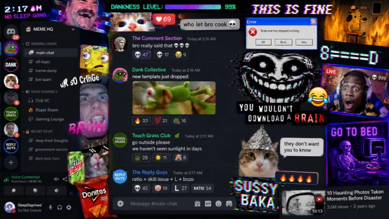 Meme-style group chat with funny team names like The Comment Section and Dank Collective in a chaotic internet collage