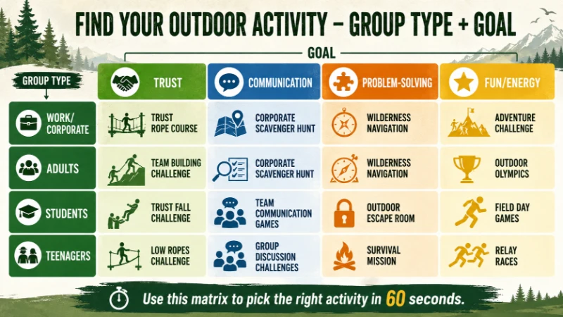 Outdoor Team Building Activities: Games, Adventure and Ideas for Every Group 1 Matrix infographic for outdoor team building activities showing recommended activities by group type (Work, Adults, Students, Teenagers) and goal (Trust, Communication, Problem-Solving, Fun/Energy). Helps users choose from outdoor team building activities.