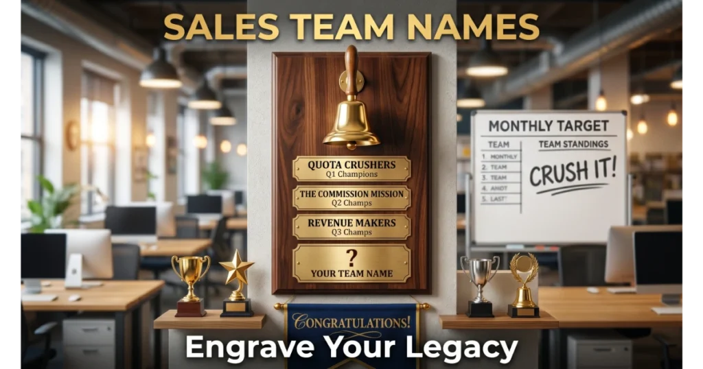 Wooden plaque with golden closing bell and engraved nameplates: Quota Crushers (Q1), The Commission Mission (Q2), Revenue Makers (Q3). Blank plate "Your Team Name". Trophies, banner, sales floor background. Hero image for sales team names.