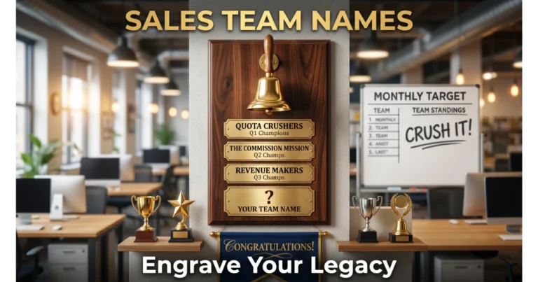 Wooden plaque with golden closing bell and engraved nameplates: Quota Crushers (Q1), The Commission Mission (Q2), Revenue Makers (Q3). Blank plate "Your Team Name". Trophies, banner, sales floor background. Hero image for sales team names.
