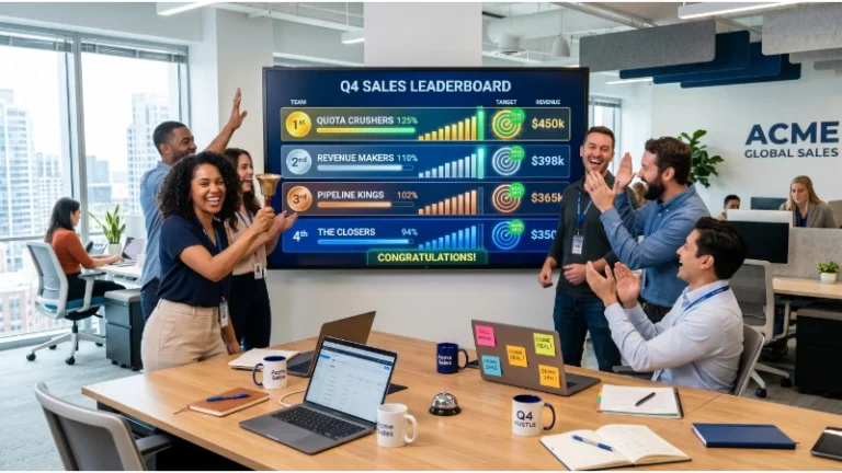 Sales team leaderboard in office showing team names like Quota Crushers and Revenue Makers celebrating a closed deal