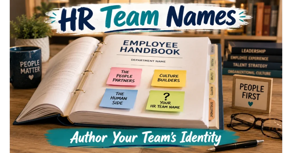 Employee handbook with sticky notes showing HR team names: The People Partners, Culture Builders, The Human Side. Blank note "Your HR Team Name". Pen, glasses, People First sign, bookshelf background. Hero image for HR team names.