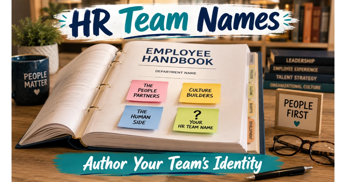 Employee handbook with sticky notes showing HR team names: The People Partners, Culture Builders, The Human Side. Blank note "Your HR Team Name". Pen, glasses, People First sign, bookshelf background. Hero image for HR team names.