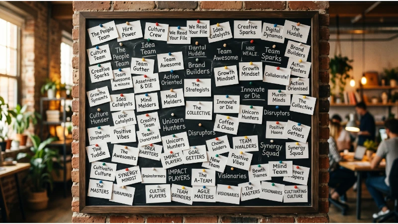 Corkboard covered in dozens of HR team name cards showing variety of funny, professional, and clever options