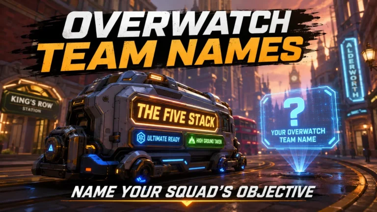 Overwatch payload with decals: The Five Stack, Ultimate Ready, High Ground Taken. Blank holographic decal "Your Overwatch Team Name". King's Row-style city background. Hero image for Overwatch team names article.