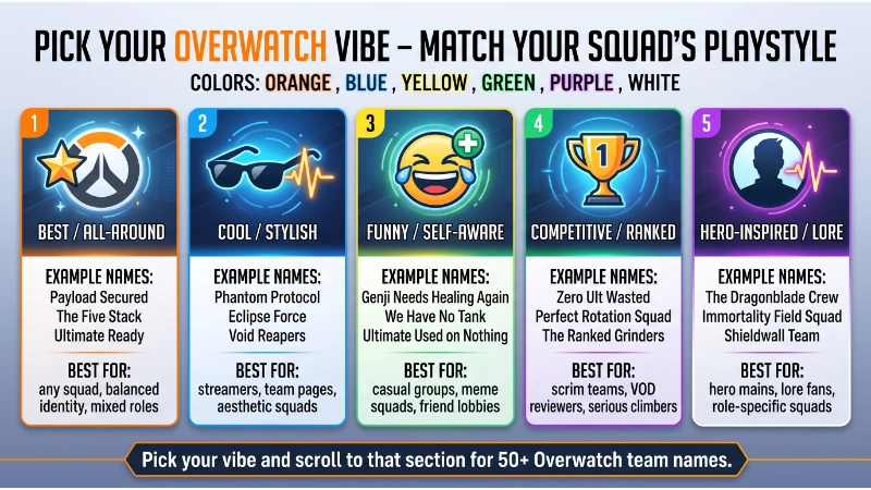 Infographic titled "Pick Your Overwatch Vibe – Match Your Squad's Playstyle" with five cards: Best/All-Around (Payload Secured), Cool/Stylish (Phantom Protocol), Funny/Self-Aware (Genji Needs Healing Again), Competitive/Ranked (Zero Ult Wasted), Hero-Inspired/Lore (The Dragonblade Crew). Helps users find Overwatch team names by style.