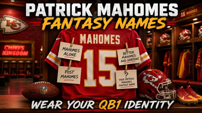 Chiefs jersey with Patrick Mahomes fantasy names: Mahomes Alone, Post Mahomes, Better Mahomes and Gardens. Blank card "Your Patrick Mahomes Fantasy Name". Football, helmet, cleats, locker room background. Hero image for Patrick Mahomes fantasy names article.