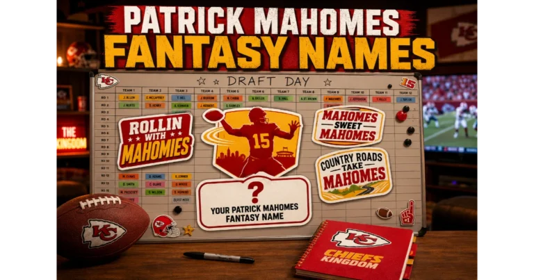 Fantasy football draft board with Mahomes silhouette and team name stickers: Rollin With Mahomies, Mahomes Sweet Mahomes, Country Roads Take Mahomes. Blank sticker "Your Patrick Mahomes Fantasy Name". Chiefs notebook, football background. Hero image for Patrick Mahomes fantasy names article.