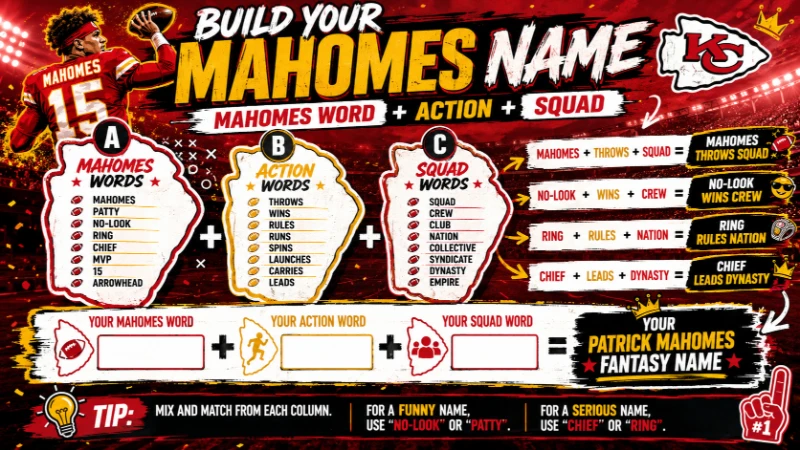 200+ Patrick Mahomes Fantasy Names: Funny, Clever & Chiefs-Inspired Ideas 2 Infographic titled "Build Your Mahomes Name – Mahomes Word + Action + Squad" with three columns: Mahomes Words (Mahomes, No-Look, Ring, Chief), Action Words (Throws, Wins, Rules, Leads), Squad Words (Squad, Crew, Nation, Dynasty). Combinations: Mahomes Throws Squad, No-Look Wins Crew, Ring Rules Nation, Chief Leads Dynasty. Blank template for user's own Patrick Mahomes fantasy name.