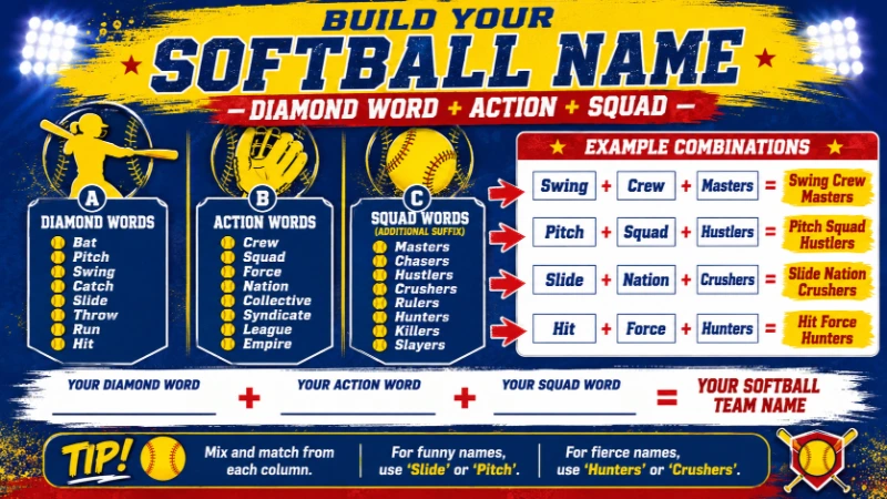 Infographic titled "Build Your Softball Name – Diamond Word + Action + Squad" with three columns: Diamond Words (Swing, Pitch, Slide, Hit), Action Words (Crew, Squad, Force, Nation), Squad Words (Masters, Hustlers, Crushers, Hunters). Combinations: Swing Crew Masters, Pitch Squad Hustlers, Slide Nation Crushers, Hit Force Hunters. Blank template for user's own softball team name.
