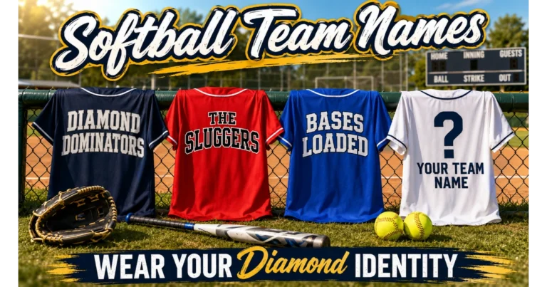Softball jerseys hanging on fence with printed team names: Diamond Dominators, The Sluggers, Bases Loaded. Blank jersey "Your Team Name". Glove, bat, balls, softball diamond background. Hero image for softball team names article.