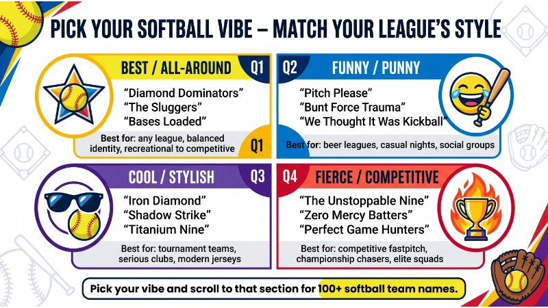 Infographic titled "Build Your Softball Name – Diamond Word + Action + Squad" with three columns: Diamond Words (Swing, Pitch, Slide, Hit), Action Words (Crew, Squad, Force, Nation), Squad Words (Masters, Hustlers, Crushers, Hunters). Combinations: Swing Crew Masters, Pitch Squad Hustlers, Slide Nation Crushers, Hit Force Hunters. Blank template for user's own softball team name.