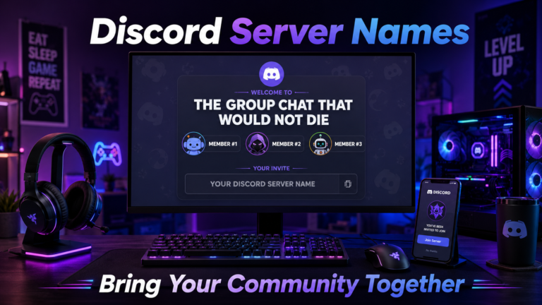 Discord create server screen with Discord server names suggestions: The Hangout, Chaos Bunker, The Study Grind. Blank field "Enter Your Server Name". Phone, coffee, earbuds, cozy room background. Hero image for Discord server names article.