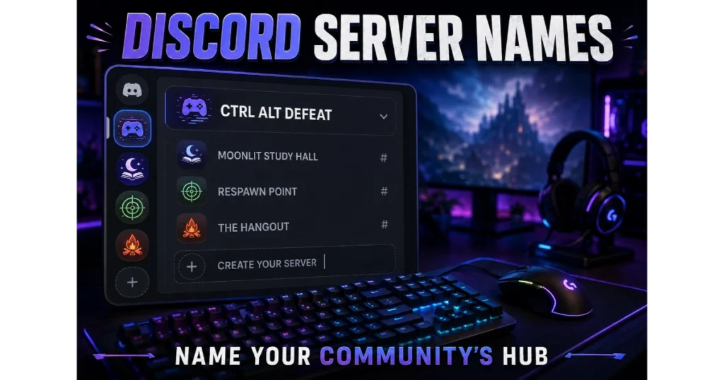 Discord server sidebar showing server name "Ctrl Alt Defeat" and alternatives "Moonlit Study Hall", "Respawn Point", "The Hangout". Blank slot "Create Your Server". Gaming keyboard, mouse, headset background. Hero image for Discord server names article.