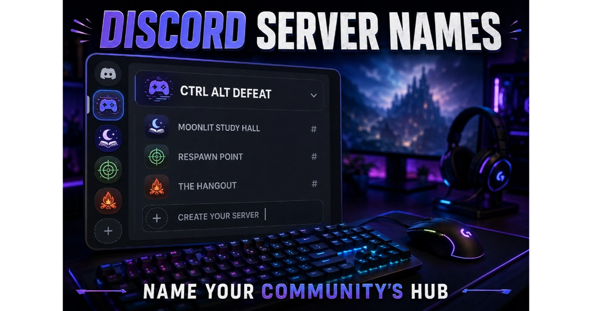 Discord server sidebar showing server name "Ctrl Alt Defeat" and alternatives "Moonlit Study Hall", "Respawn Point", "The Hangout". Blank slot "Create Your Server". Gaming keyboard, mouse, headset background. Hero image for Discord server names article.