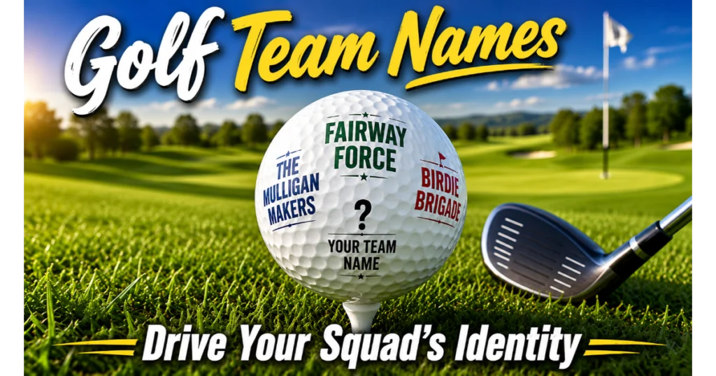 White golf ball on tee with engraved golf team names: Fairway Force, Birdie Brigade, The Mulligan Makers. Blank area "Your Team Name". Golf club, flagstick, course background. Hero image for golf team names article.