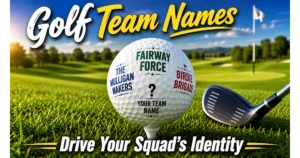 White golf ball on tee with engraved golf team names: Fairway Force, Birdie Brigade, The Mulligan Makers. Blank area "Your Team Name". Golf club, flagstick, course background. Hero image for golf team names article.