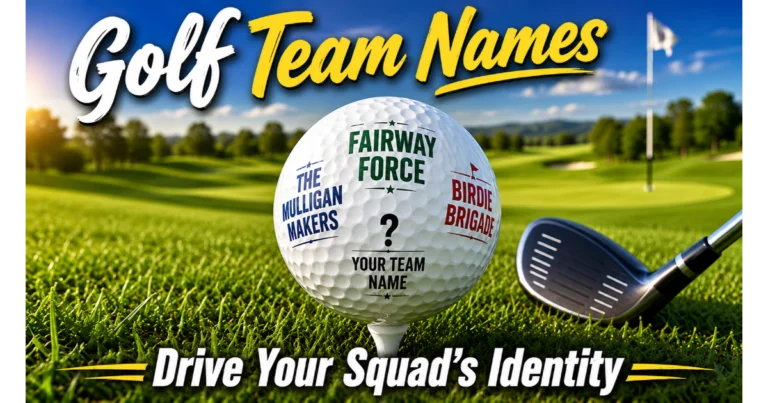 White golf ball on tee with engraved golf team names: Fairway Force, Birdie Brigade, The Mulligan Makers. Blank area "Your Team Name". Golf club, flagstick, course background. Hero image for golf team names article.