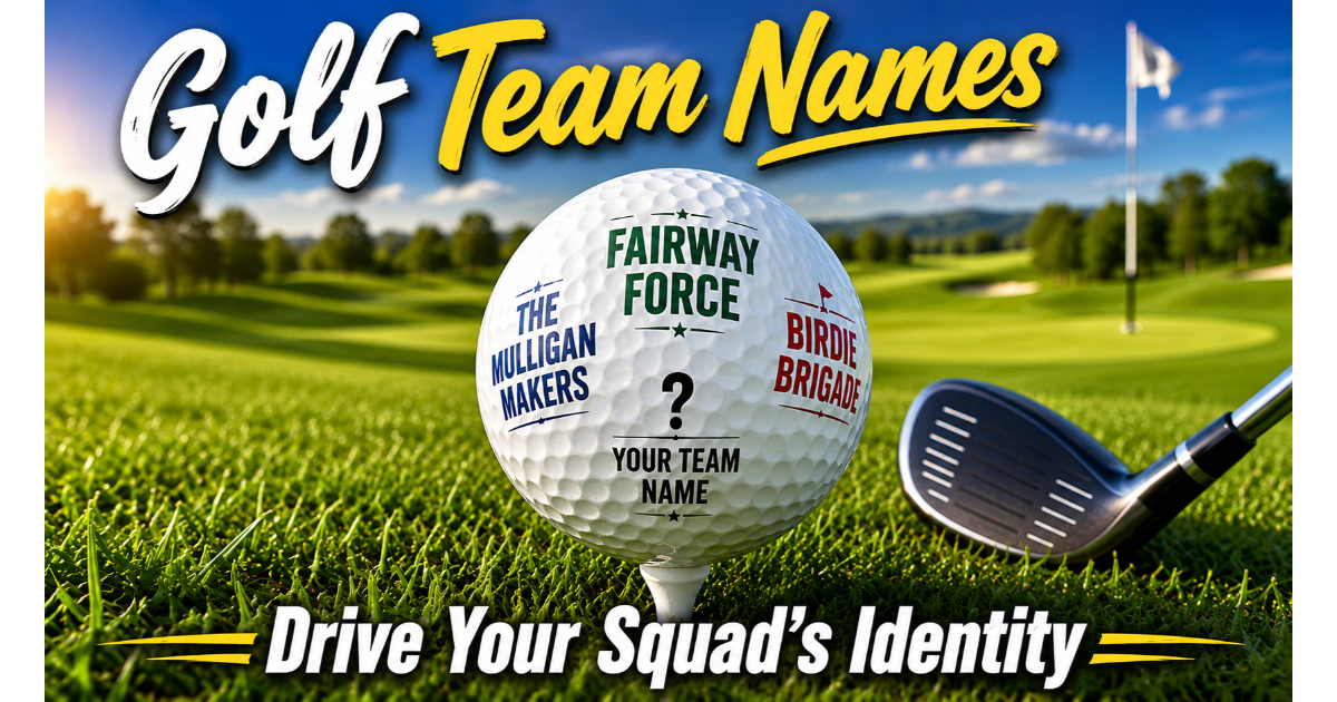 White golf ball on tee with engraved golf team names: Fairway Force, Birdie Brigade, The Mulligan Makers. Blank area "Your Team Name". Golf club, flagstick, course background. Hero image for golf team names article.
